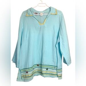 Malcolm & co 11 100% Irish Linen Pale Teal Tunic Embellished 3/4 Sleeves